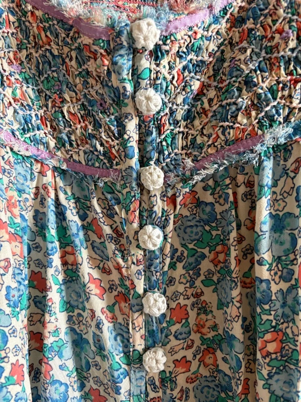 Free People Molly Jo Midi Dress Smocked Blossom Combo Blue Bohemian Size L - Picture 4 of 13